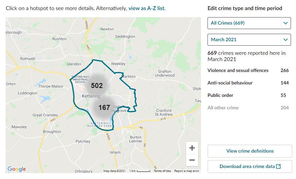 Kettering, Northamptonshire. CCTV Installation Crime Map. Home Security Systems