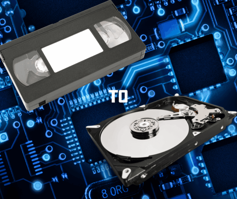 A VHS tape and hardrive on blue background