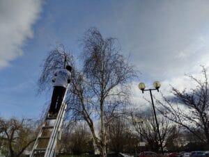 CCTV camera installation on lamppost by Duke Security Systems engineer in Peterborough